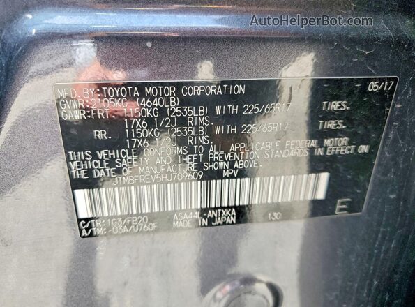 JTMBFREV5HJ709609 2017 TOYOTA RAV4 Gray VIN sticker view