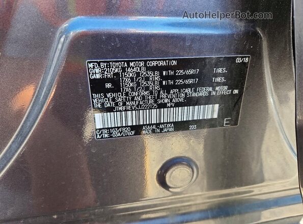 JTMBFREV5JJ222125 2018 TOYOTA RAV4 Gray Widok naklejki z numerem VIN