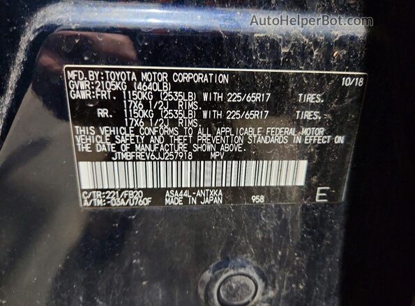 JTMBFREV6JJ257918 2018 TOYOTA RAV4 Blue Вид наклейки з VIN-кодом