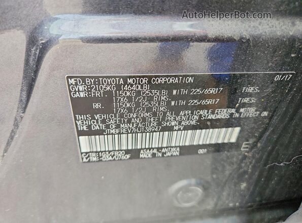 JTMBFREV7HJ138947 2017 TOYOTA RAV4 Gray VIN կոդի պիտակի տեսք