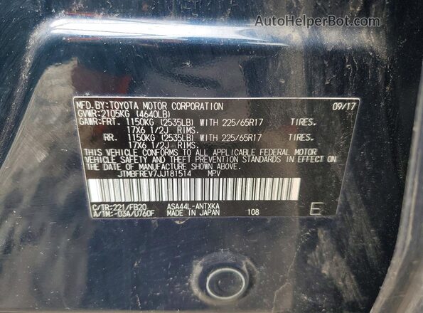 JTMBFREV7JJ181514 2018 TOYOTA RAV4 Blue Widok naklejki z numerem VIN