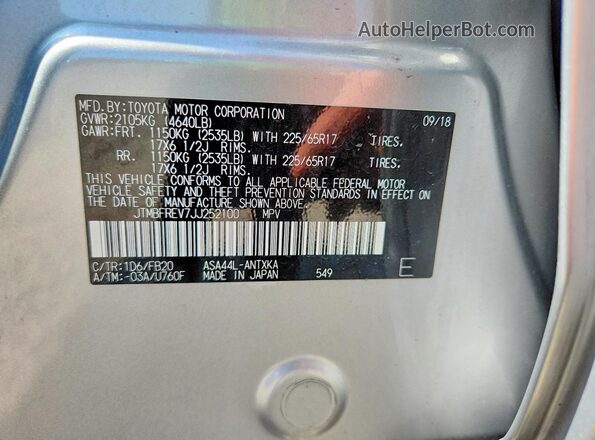 JTMBFREV7JJ252100 2018 TOYOTA RAV4 Серебряный Вид наклейки с VIN-кодом