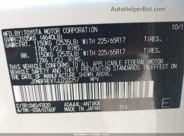 JTMBFREV7JJ723257 2018 TOYOTA RAV4 White Vista del compartimento del motor