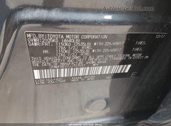 JTMBFREV7JJ727597 2018 TOYOTA RAV4 Gray Engine compartment view