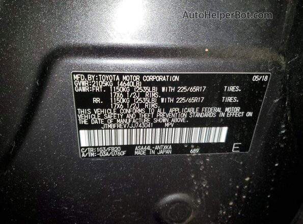 JTMBFREV7JJ743041 2018 TOYOTA RAV4 Charcoal Widok naklejki z numerem VIN