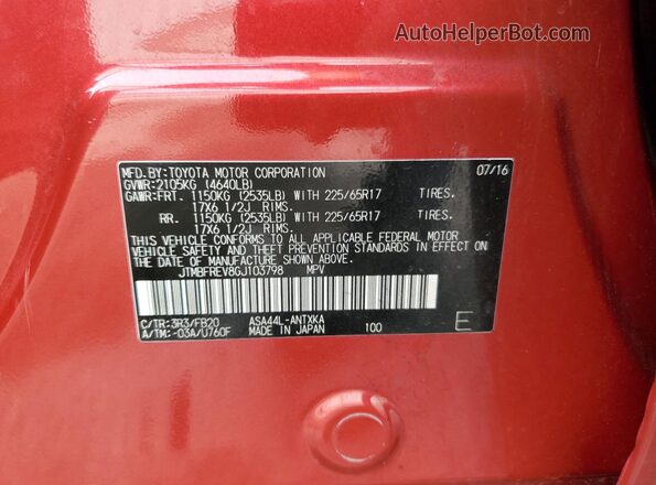 JTMBFREV8GJ103798 2016 TOYOTA RAV4 Красный Вид подкапотного пространства