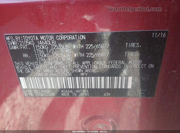 JTMBFREV8HJ127438 2017 TOYOTA RAV4 Красный Вид подкапотного пространства