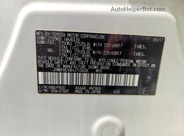 JTMBFREV8HJ710608 2017 TOYOTA RAV4 White VIN sticker view