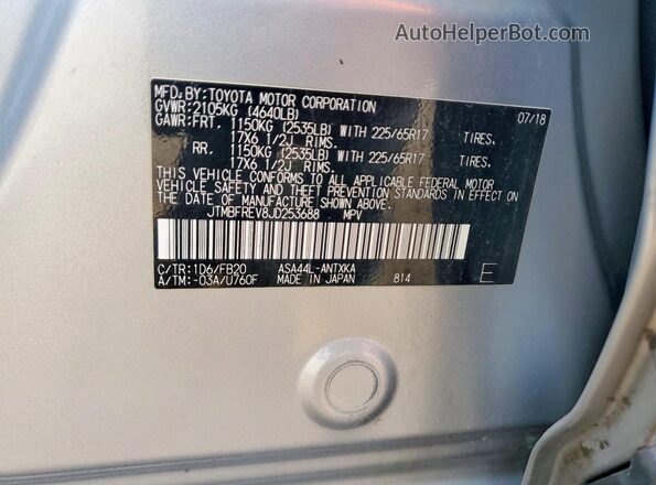 JTMBFREV8JD253688 2018 TOYOTA RAV4 Silver Widok naklejki z numerem VIN
