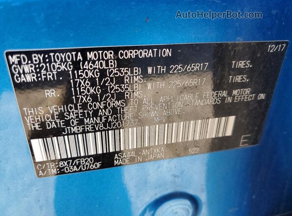 JTMBFREV8JJ201737 2018 TOYOTA RAV4 Blue VIN კოდის სტიკერის ხედი