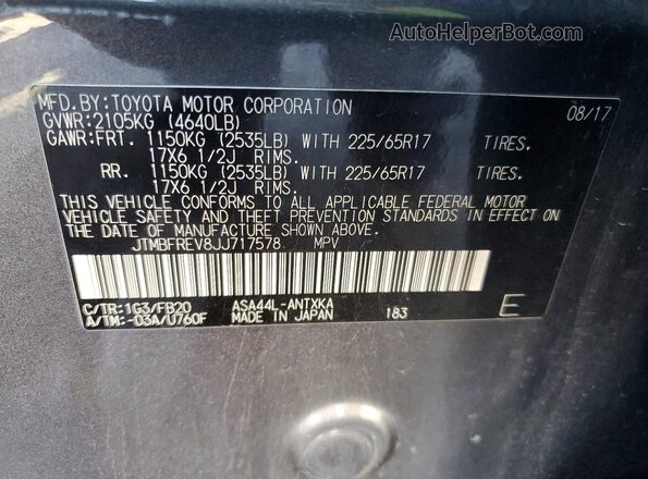 JTMBFREV8JJ717578 2018 TOYOTA RAV4 Gray VIN sticker view
