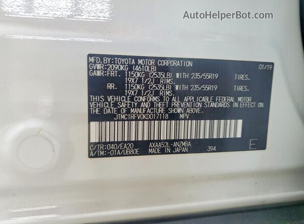 JTMC1RFV0KD017118 2019 TOYOTA RAV4 White VIN sticker view