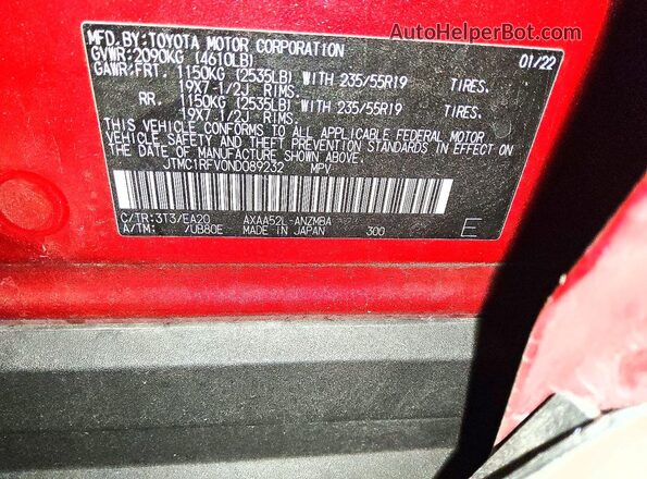 JTMC1RFV0ND089232 2022 TOYOTA RAV4 Red VIN კოდის სტიკერის ხედი