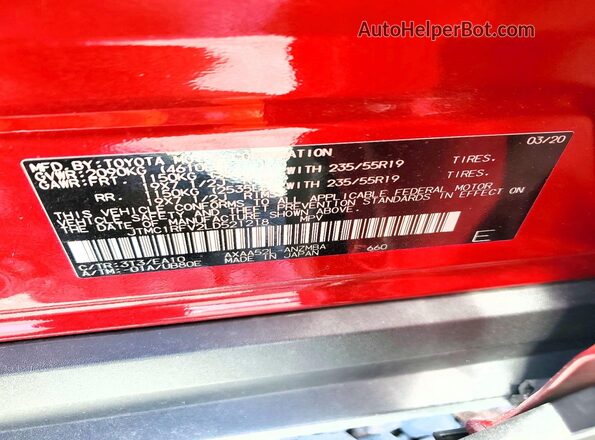 JTMC1RFV2LD521218 2020 TOYOTA RAV4 Red Vista de la etiqueta del VIN