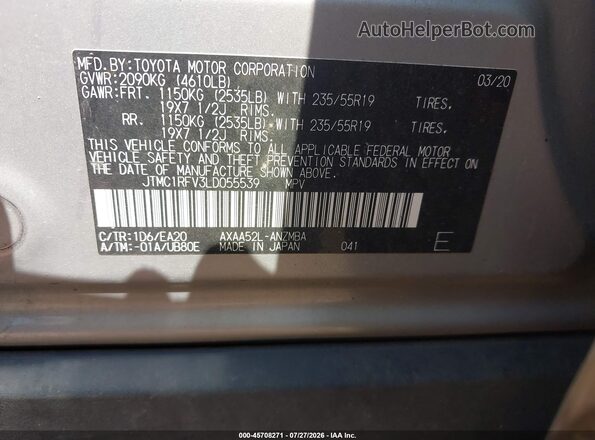JTMC1RFV3LD055539 2020 TOYOTA RAV4 Серебряный Вид подкапотного пространства