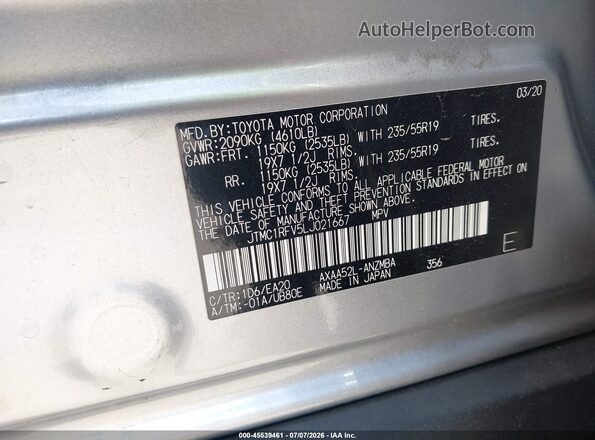JTMC1RFV5LJ021667 2020 TOYOTA RAV4 Silver Vista del compartimento del motor