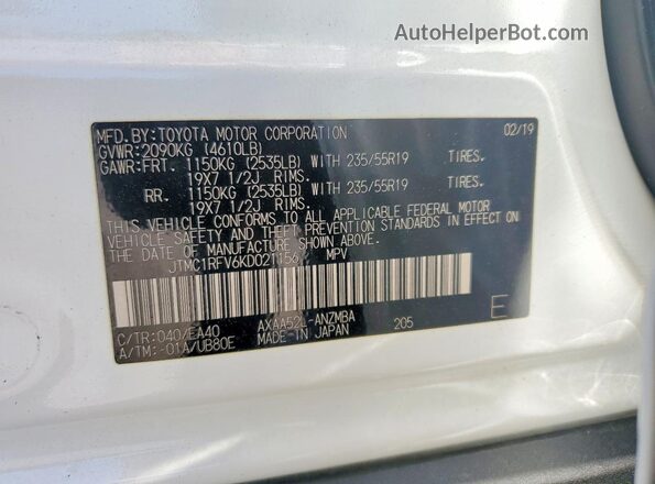 JTMC1RFV6KD021156 2019 TOYOTA RAV White VIN կոդի պիտակի տեսք