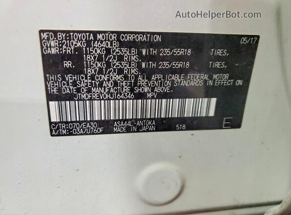 JTMDFREV0HJ164346 2017 TOYOTA RAV4 White VIN sticker view