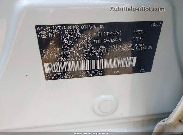 JTMDFREV4HJ711926 2017 TOYOTA RAV4 White Vista del compartimento del motor