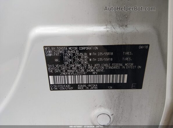 JTMDFREV5JJ222747 2018 TOYOTA RAV4 White Vista del compartimento del motor