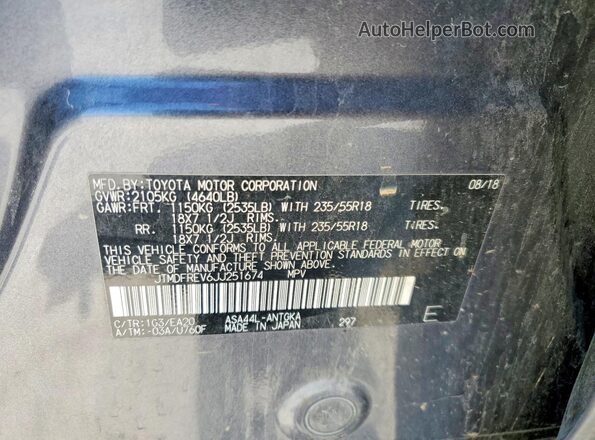 JTMDFREV6JJ251674 2018 TOYOTA RAV4 Gray Вид наклейки з VIN-кодом