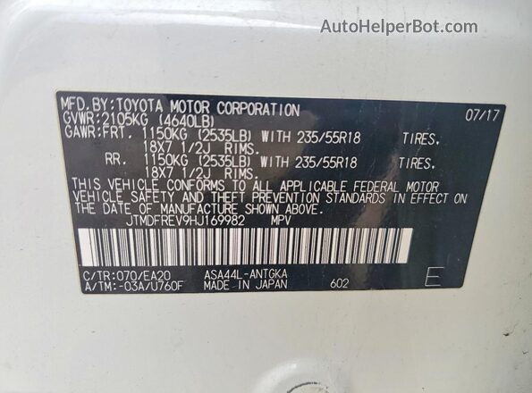JTMDFREV9HJ169982 2017 TOYOTA RAV4 White VIN sticker view