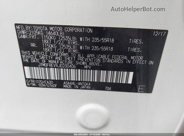 JTMDFREVXJD230406 2018 TOYOTA RAV4 White Widok komory silnika