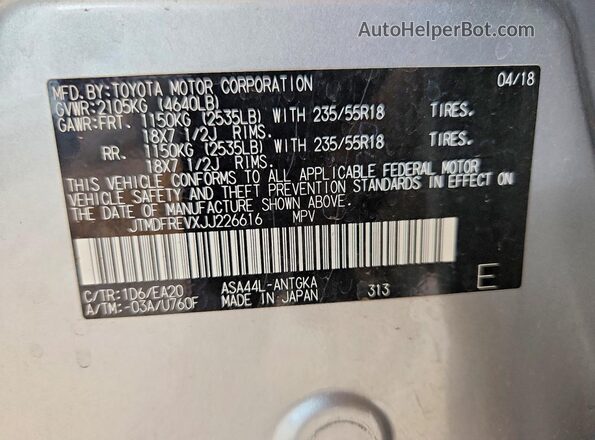 JTMDFREVXJJ226616 2018 TOYOTA RAV4 Silver სალონის 360-გრადუსიანი ხედი