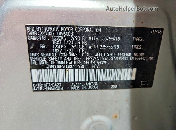 JTMDJREV0GD022638 2016 TOYOTA RAV4 Silver Vista de la etiqueta del VIN
