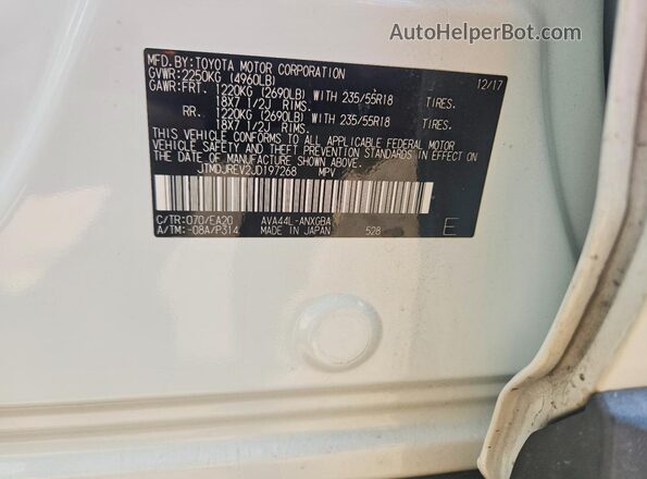 JTMDJREV2JD197268 2018 TOYOTA RAV4 White Widok naklejki z numerem VIN