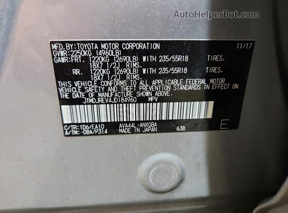 JTMDJREV4JD184960 2018 TOYOTA RAV4 Silver VIN կոդի պիտակի տեսք
