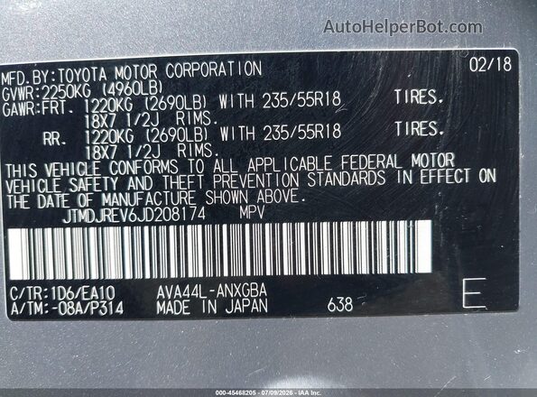 JTMDJREV6JD208174 2018 TOYOTA RAV4 HYBRID Silver Vista del compartimento del motor