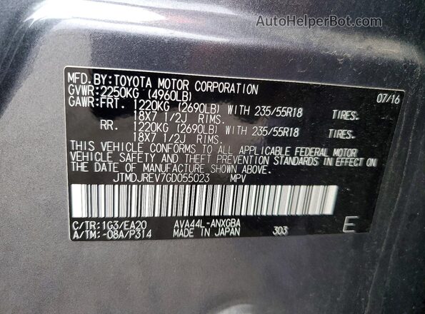 JTMDJREV7GD055023 2016 TOYOTA RAV4 Gray Widok naklejki z numerem VIN