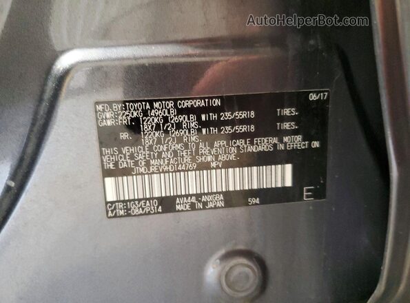 JTMDJREV9HD144769 2017 TOYOTA RAV4 Gray VIN sticker view
