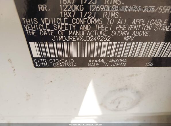 JTMDJREVXJD249262 2018 TOYOTA RAV4 HYBRID White Շարժիչի բաժամունքի տեսք
