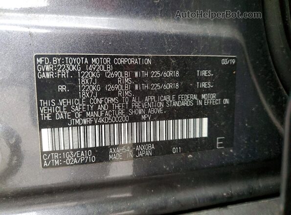 JTMDWRFV4KD500200 2019 TOYOTA RAV4 Charcoal Widok naklejki z numerem VIN