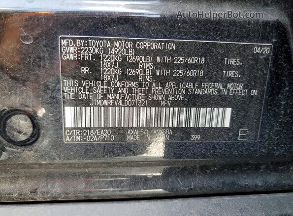 JTMDWRFV4LD071321 2020 TOYOTA RAV4 Gray VIN sticker view