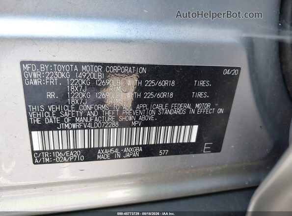 JTMDWRFV4LD072288 2020 TOYOTA RAV4 HYBRID Silver Вид підкапотного простору