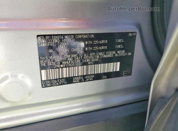 JTMDWRFV7KD514267 2019 TOYOTA RAV4 Silver Widok naklejki z numerem VIN