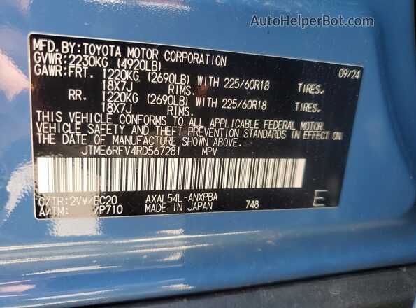 JTME6RFV4RD567281 2024 TOYOTA RAV4 Blue VIN կոդի պիտակի տեսք