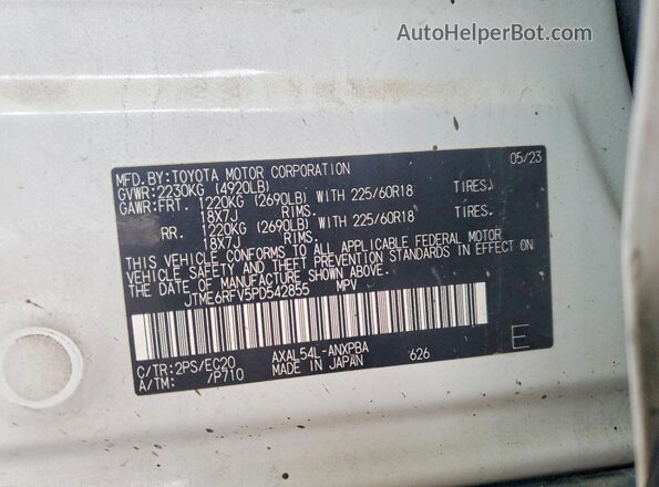 JTME6RFV5PD542855 2023 TOYOTA RAV4 White VIN կոդի պիտակի տեսք