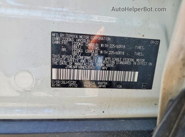 JTME6RFV8ND535931 2022 TOYOTA RAV4 White 360 interior view