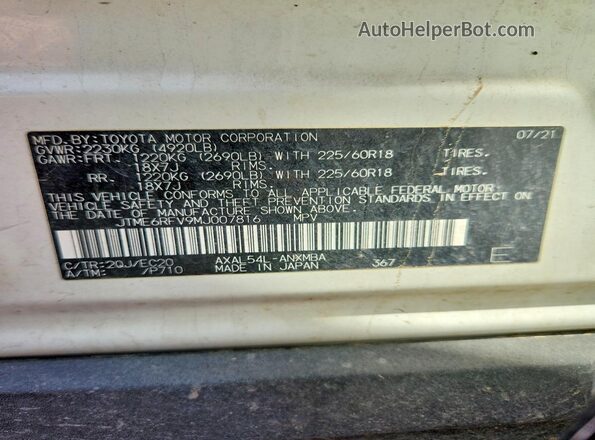 JTME6RFV9MJ007816 2021 TOYOTA RAV4 Белый Вид наклейки с VIN-кодом