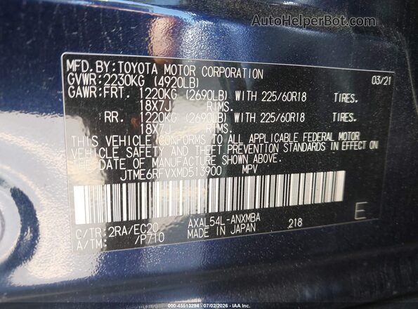 JTME6RFVXMD513900 2021 TOYOTA RAV4 HYBRID Dark Blue ძრავის განყოფილების ხედი