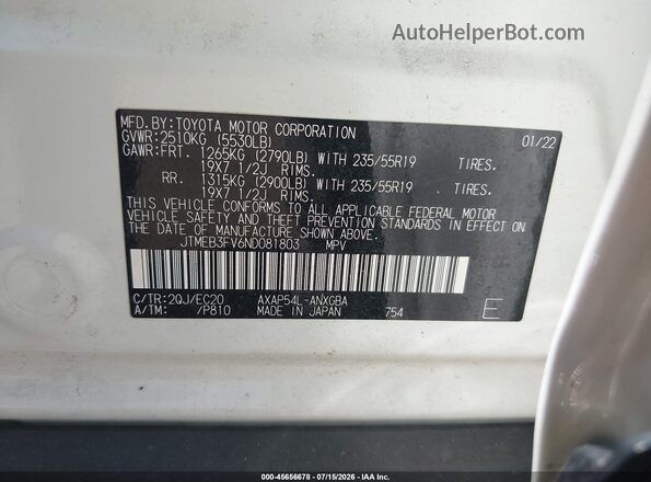 JTMEB3FV6ND081803 2022 TOYOTA RAV4 PRIME White Widok komory silnika