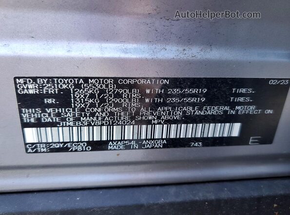 JTMEB3FV8PD124024 2023 TOYOTA RAV4 Silver VIN კოდის სტიკერის ხედი