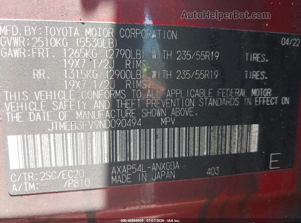 JTMEB3FV9ND090494 2022 TOYOTA RAV4 PRIME Red Շարժիչի բաժամունքի տեսք
