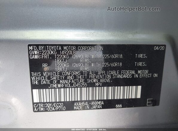 JTMEWRFV0LJ045255 2020 TOYOTA RAV4 HYBRID Серебряный Вид подкапотного пространства