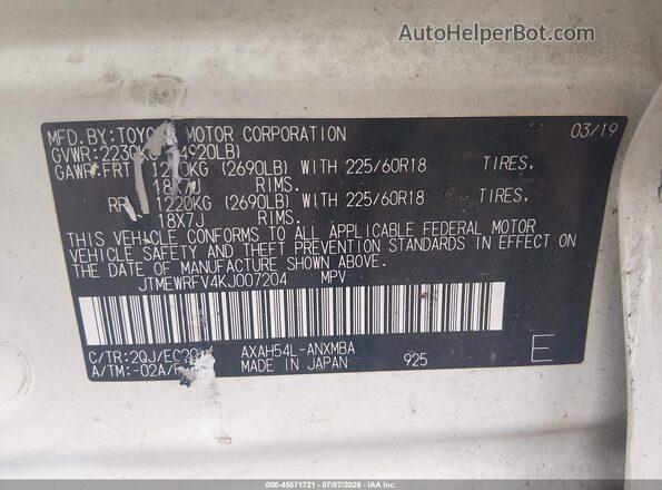 JTMEWRFV4KJ007204 2019 TOYOTA RAV4 HYBRID White Widok komory silnika