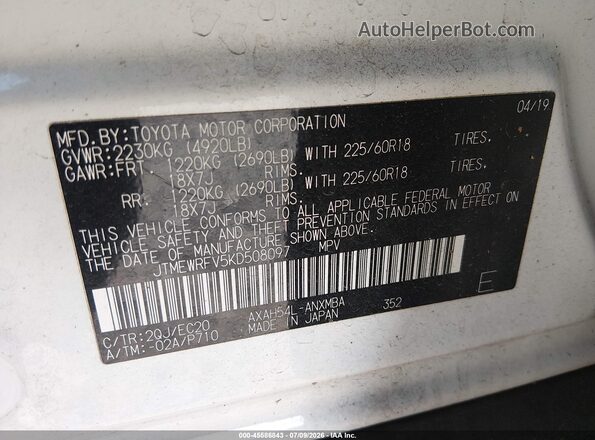 JTMEWRFV5KD508097 2019 TOYOTA RAV4 HYBRID White Вид підкапотного простору